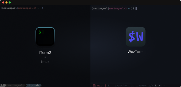 a terminal comparison. there is iterm2 on the left. there is wezterm on the right.